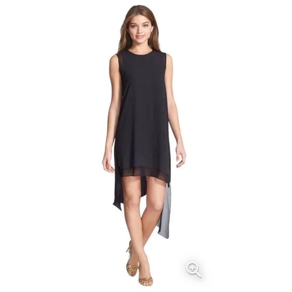 BCBG Asymmetrical High Low Chiffon Layered Dress in Black
